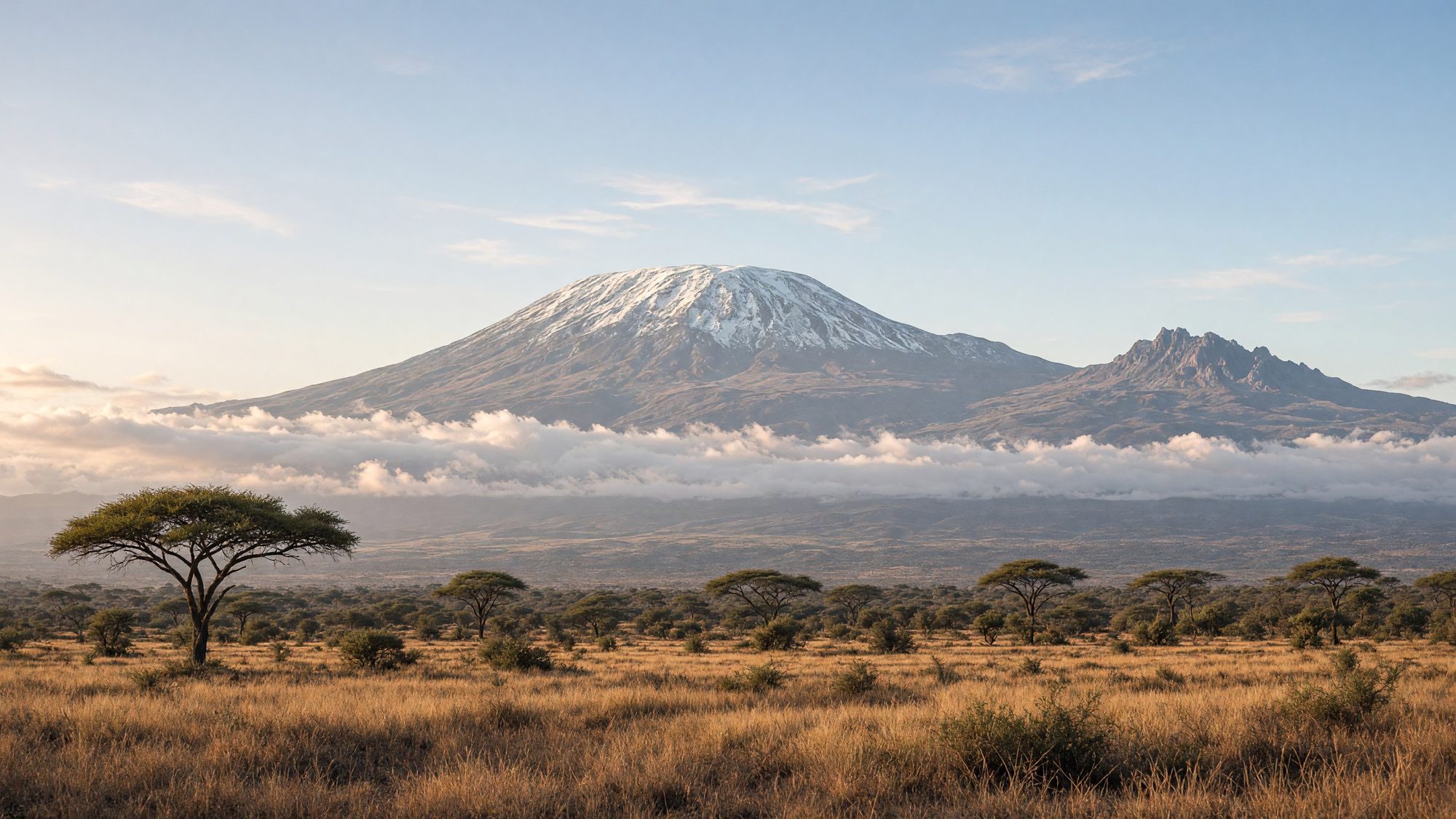 El Kilimanjaro con la cumbre del Kibo y el Mawenzi por encima de las nubes y la sabana