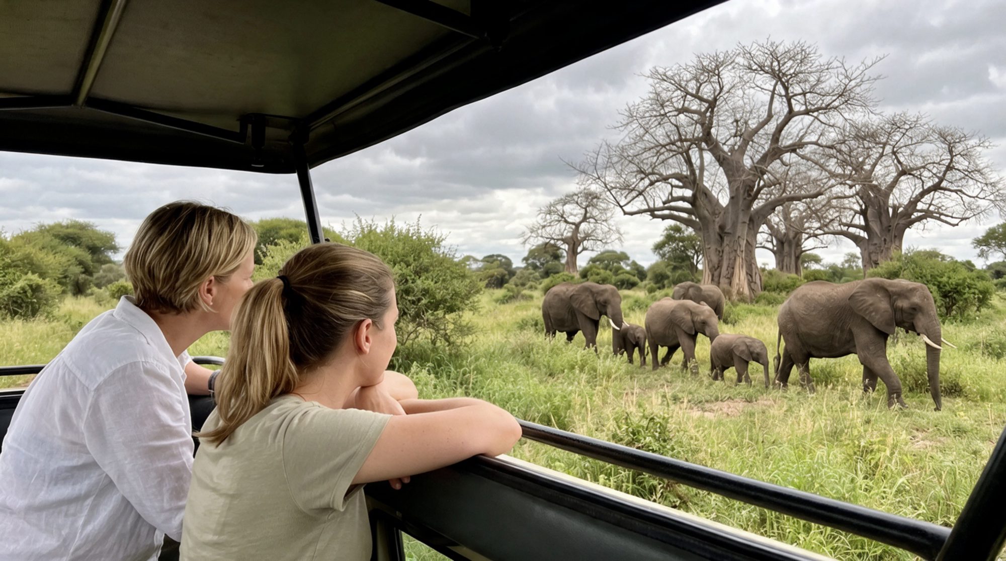 Dos mujeres en un vehículo de safari observan una familia de elefantes con dos crías frente a baobabs
