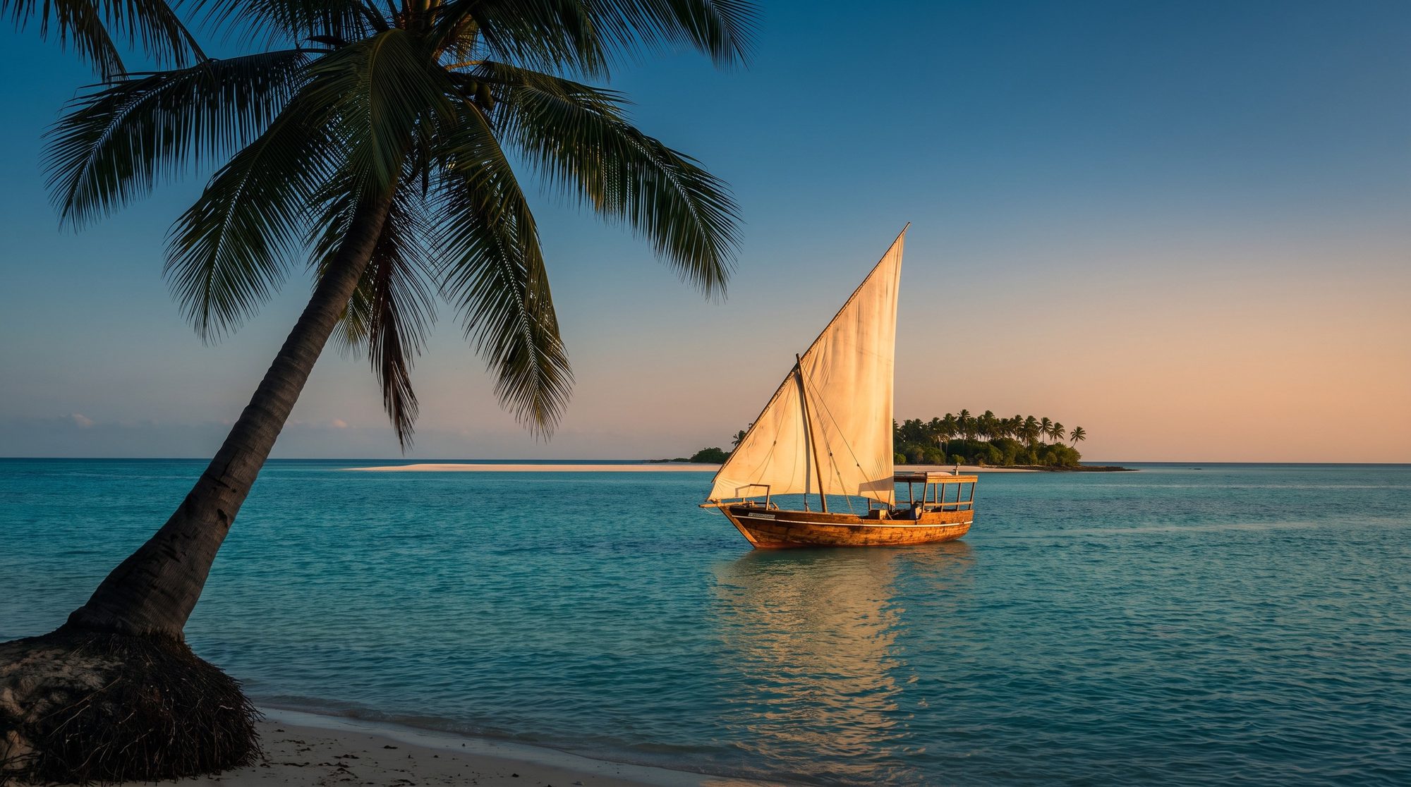 Dhow con vela de color claro sobre aguas tranquilas de color turquesa a la luz del atardecer frente a una isla pequeña
